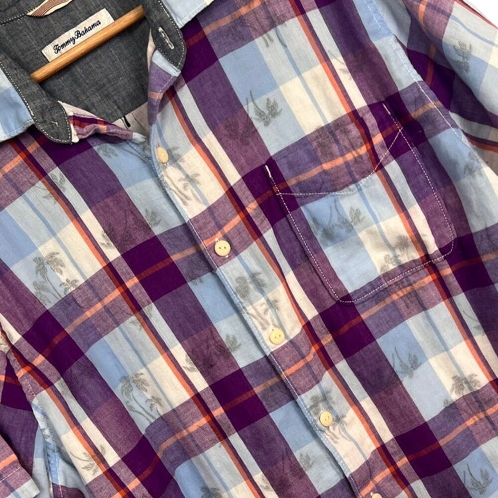 Tommy Bahama Mens L Double Flora Plaid Palm‎ Tree Hawaiian Shirt Coastal Resort